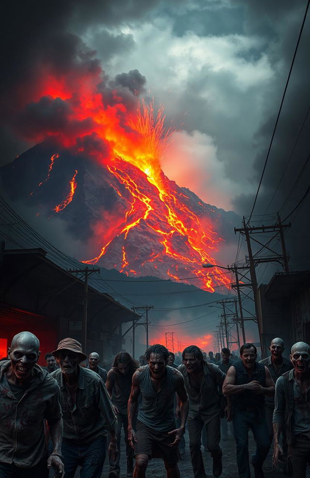 A dramatic scene depicting a volcanic eruption in the background with fiery lava flowing down the mountainside, ash clouds billowing into the sky, while in the foreground, chaotic scenes of a zombie outbreak unfold