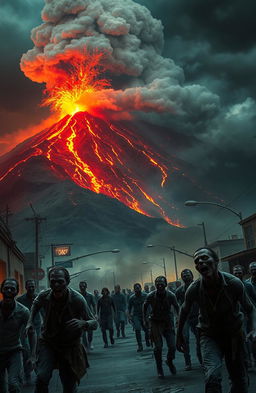 A dramatic scene depicting a volcanic eruption in the background with fiery lava flowing down the mountainside, ash clouds billowing into the sky, while in the foreground, chaotic scenes of a zombie outbreak unfold