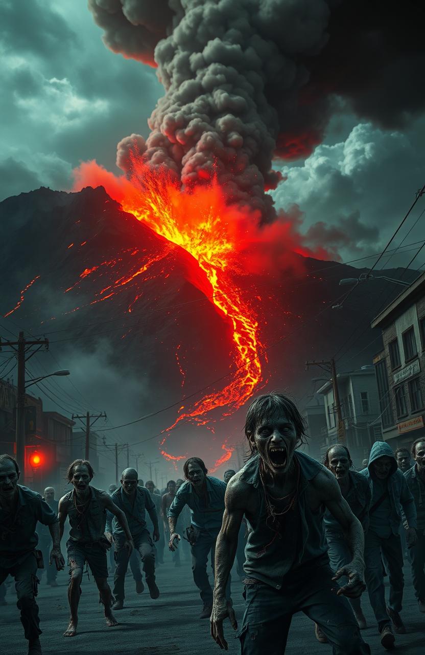 A dramatic scene depicting a volcanic eruption in the background with fiery lava flowing down the mountainside, ash clouds billowing into the sky, while in the foreground, chaotic scenes of a zombie outbreak unfold