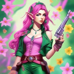 A high-quality digital art image of a young Spring Eladrin elf with shoulder-length vibrant pink hair and emerald green eyes