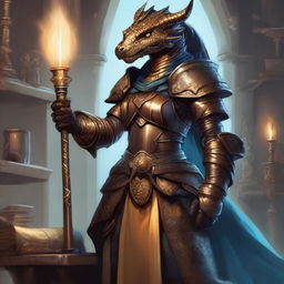 This is a detailed fantasy illustration of a female Bronze Dragonborn Artificer from Dungeons and Dragons