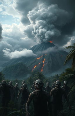 A dramatic scene of a volcanic island during an eruption, surrounded by dark clouds and ash filling the sky