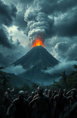 A dramatic scene of a volcanic island during an eruption, surrounded by dark clouds and ash filling the sky