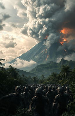A dramatic scene of a volcanic island during an eruption, surrounded by dark clouds and ash filling the sky