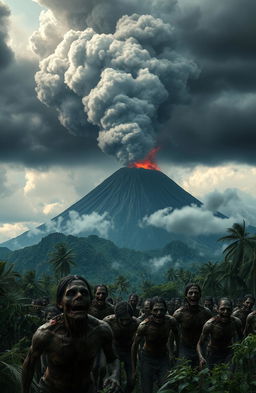 A dramatic scene of a volcanic island during an eruption, surrounded by dark clouds and ash filling the sky