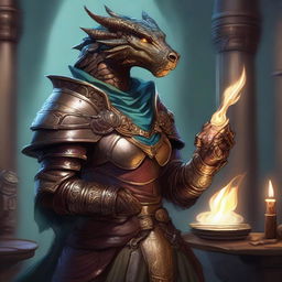 This is a detailed fantasy illustration of a female Bronze Dragonborn Artificer from Dungeons and Dragons