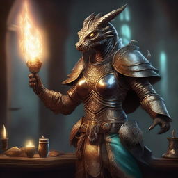 This is a detailed fantasy illustration of a female Bronze Dragonborn Artificer from Dungeons and Dragons