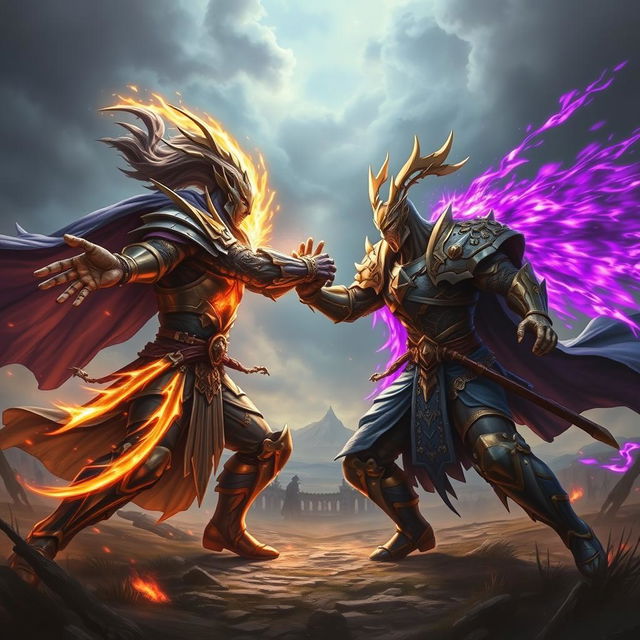 An intense battle scene between two formidable warriors, each radiating powerful auras—one emits a brilliant golden aura, while the other is surrounded by a mesmerizing purple aura