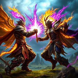 An intense battle scene between two formidable warriors, each radiating powerful auras—one emits a brilliant golden aura, while the other is surrounded by a mesmerizing purple aura