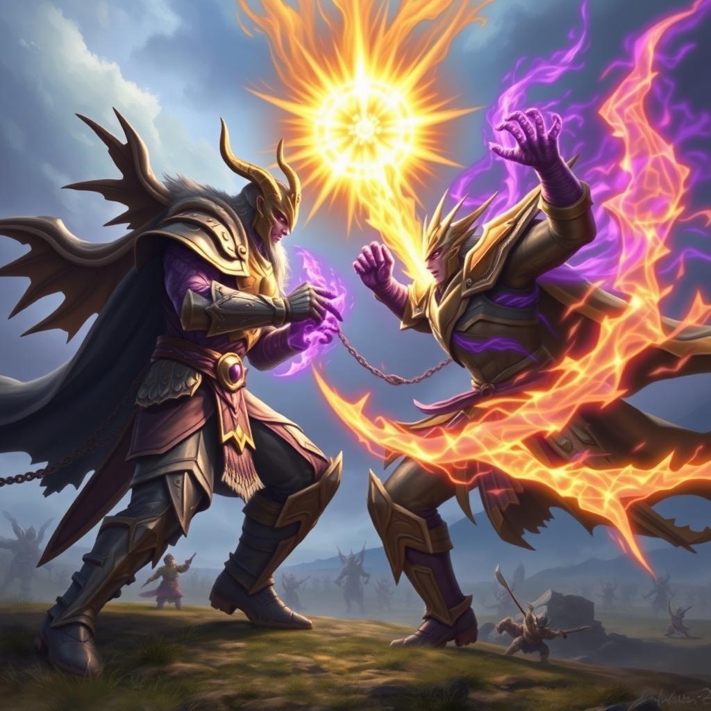 An intense battle scene between two formidable warriors, each radiating powerful auras—one emits a brilliant golden aura, while the other is surrounded by a mesmerizing purple aura