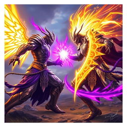An intense battle scene between two formidable warriors, each radiating powerful auras—one emits a brilliant golden aura, while the other is surrounded by a mesmerizing purple aura