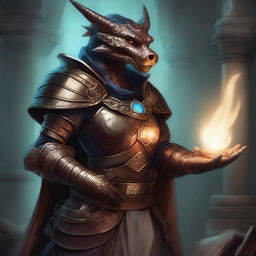 This is a detailed fantasy illustration of a female Bronze Dragonborn Artificer from Dungeons and Dragons