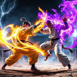 An exhilarating battle scene between two skilled martial artists, one emanating a powerful golden aura and the other surrounded by a striking purple aura