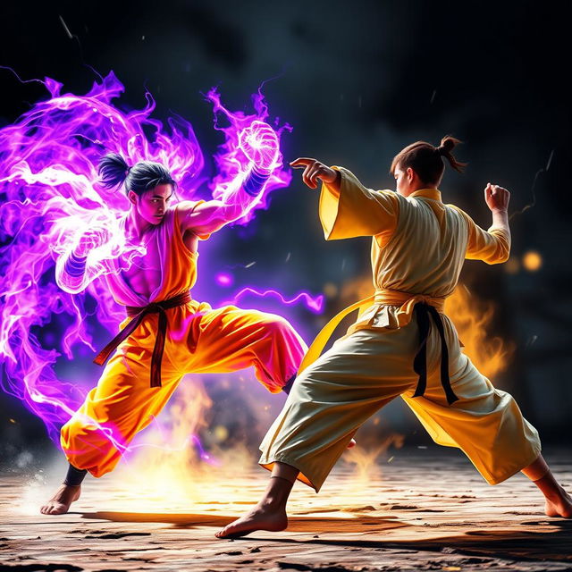 An exhilarating battle scene between two skilled martial artists, one emanating a powerful golden aura and the other surrounded by a striking purple aura