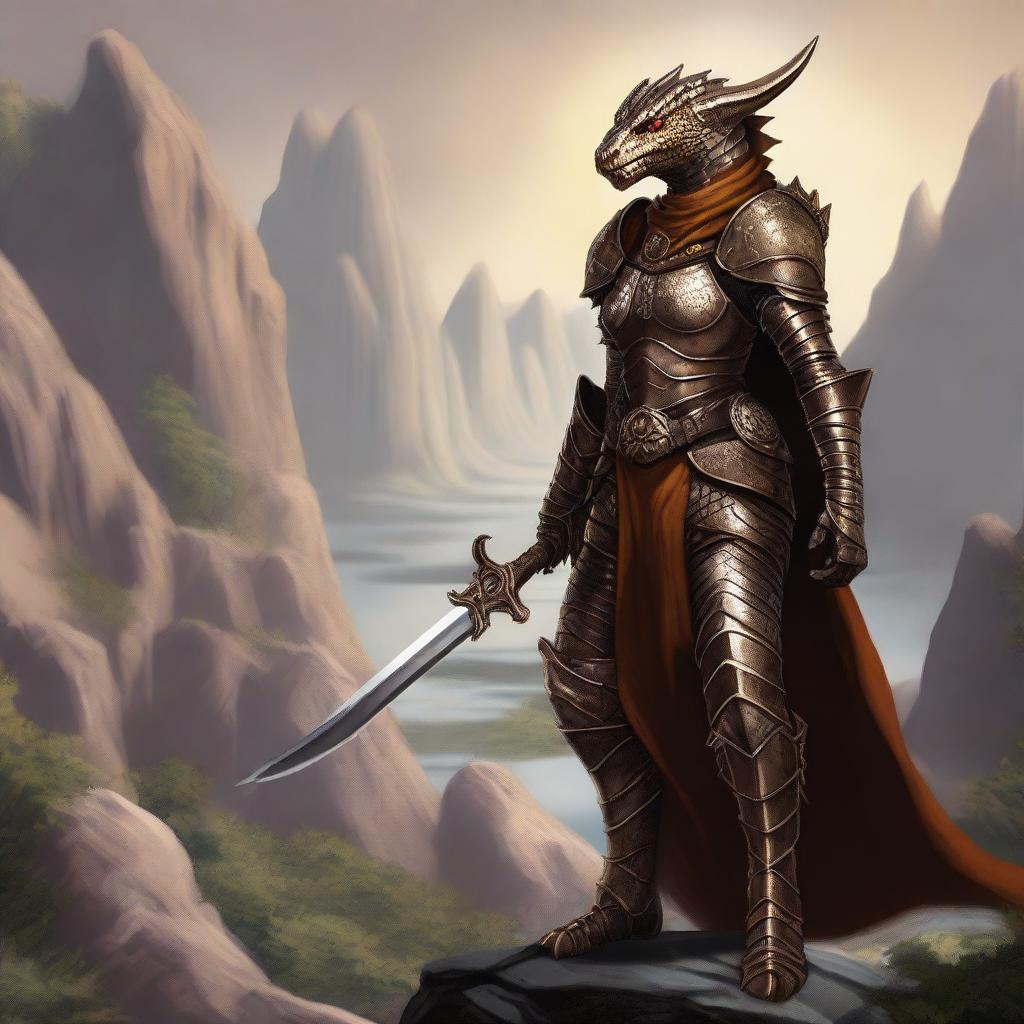 This is a detailed fantasy illustration of a female Bronze Dragonborn from Dungeons and Dragons