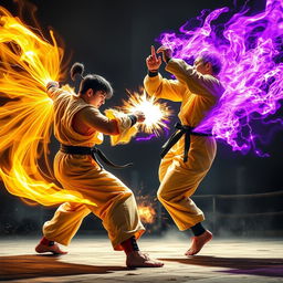 An exhilarating battle scene between two skilled martial artists, one emanating a powerful golden aura and the other surrounded by a striking purple aura