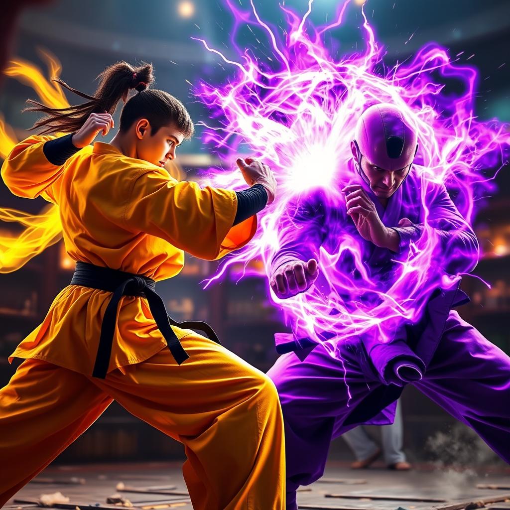 An exhilarating battle scene between two skilled martial artists, one emanating a powerful golden aura and the other surrounded by a striking purple aura