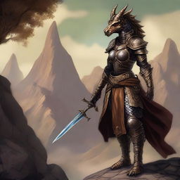 This is a detailed fantasy illustration of a female Bronze Dragonborn from Dungeons and Dragons