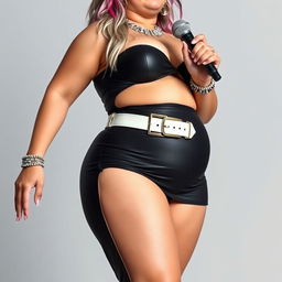 A full-length image of a beautiful bottom-heavy pear-shaped girl, showcasing her tight rounded belly, thighs, and legs