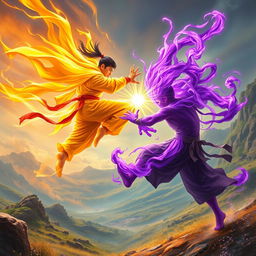 A dynamic scene of a martial artist (Pendekar) with a radiant golden aura, leaping through the air in a powerful attack towards another martial artist below, who is enveloped in a striking purple aura