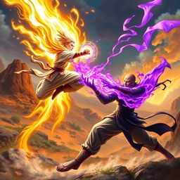 A dynamic scene of a martial artist (Pendekar) with a radiant golden aura, leaping through the air in a powerful attack towards another martial artist below, who is enveloped in a striking purple aura