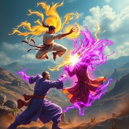 A dynamic scene of a martial artist (Pendekar) with a radiant golden aura, leaping through the air in a powerful attack towards another martial artist below, who is enveloped in a striking purple aura