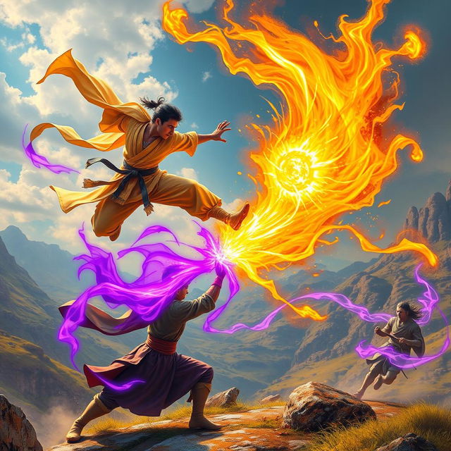 A dynamic scene of a martial artist (Pendekar) with a radiant golden aura, leaping through the air in a powerful attack towards another martial artist below, who is enveloped in a striking purple aura