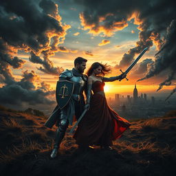 An intense and dramatic scene depicting a husband and wife engaged in a symbolic battle for justice