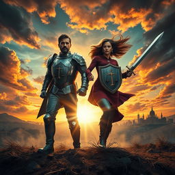 An intense and dramatic scene depicting a husband and wife engaged in a symbolic battle for justice