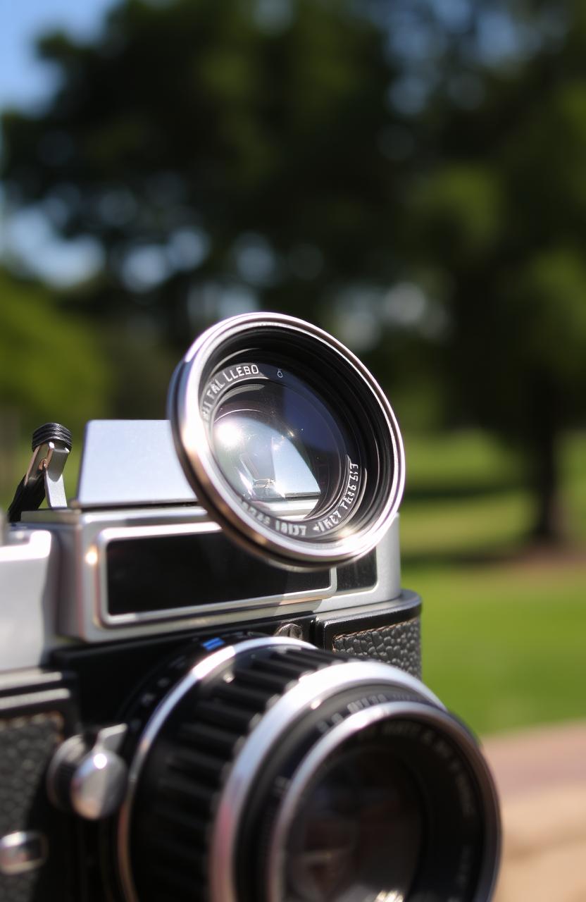 A close-up shot of a vintage camera, beautifully detailed with leather textures and chrome finishes