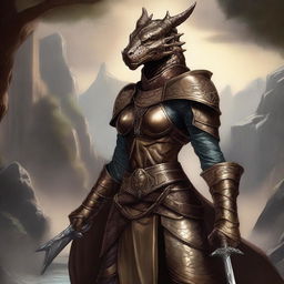 This is a detailed fantasy illustration of a female Bronze Dragonborn from Dungeons and Dragons