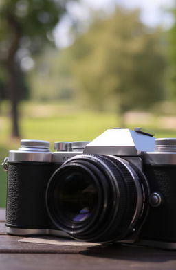 A close-up shot of a vintage camera, beautifully detailed with leather textures and chrome finishes