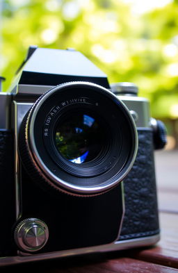 A close-up shot of a vintage camera, beautifully detailed with leather textures and chrome finishes