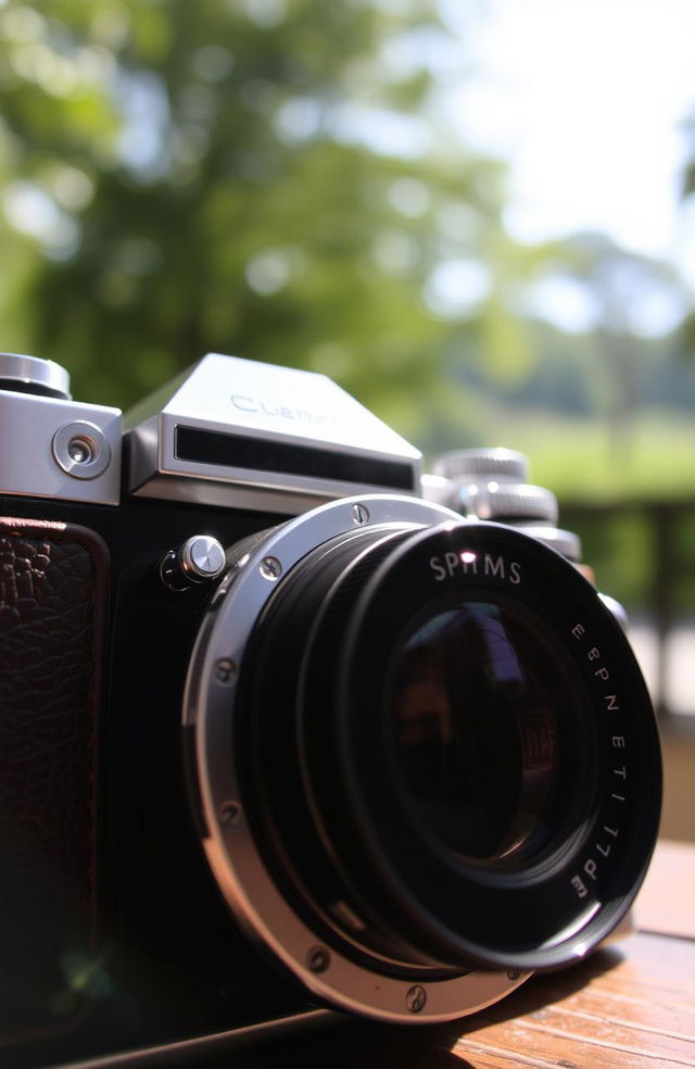 A close-up shot of a vintage camera, beautifully detailed with leather textures and chrome finishes