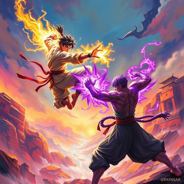 A vibrant scene depicting a martial artist (Pendekar) with a luminous golden aura, leaping dramatically to strike another martial artist beneath, who possesses a striking purple aura and short hair