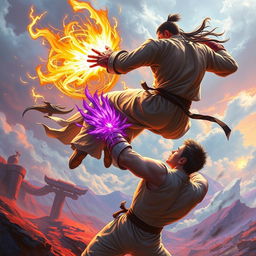 A vibrant scene depicting a martial artist (Pendekar) with a luminous golden aura, leaping dramatically to strike another martial artist beneath, who possesses a striking purple aura and short hair