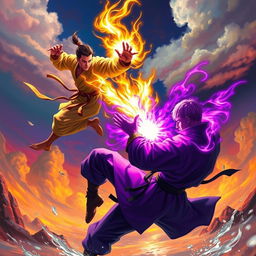 A vibrant scene depicting a martial artist (Pendekar) with a luminous golden aura, leaping dramatically to strike another martial artist beneath, who possesses a striking purple aura and short hair