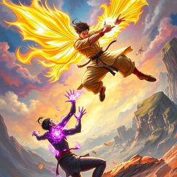 A vibrant scene depicting a martial artist (Pendekar) with a luminous golden aura, leaping dramatically to strike another martial artist beneath, who possesses a striking purple aura and short hair