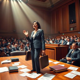 An intense courtroom scene where a woman lawyer named Kanuni Kumar passionately advocates for justice alongside her husband