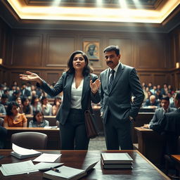 An intense courtroom scene where a woman lawyer named Kanuni Kumar passionately advocates for justice alongside her husband