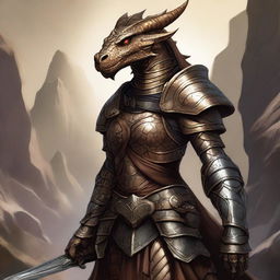 This is a detailed fantasy illustration of a female Bronze Dragonborn from Dungeons and Dragons