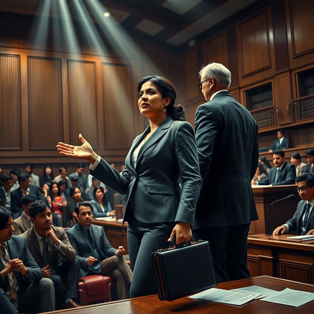 An intense courtroom scene where a woman lawyer named Kanuni Kumar passionately advocates for justice alongside her husband