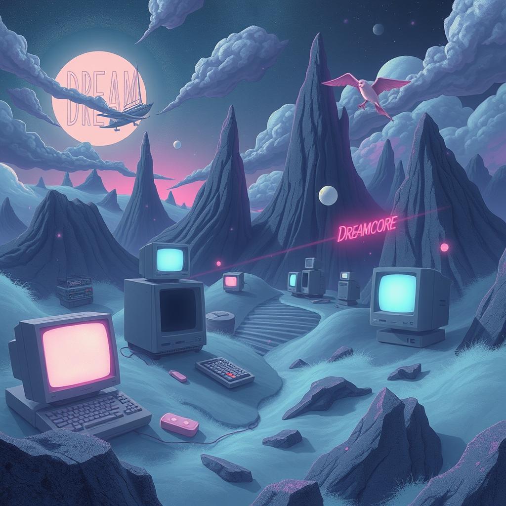 A surreal and dream-like illustration depicting the concept of 'Dreamcore' in modern culture