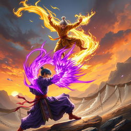 A thrilling scene depicting a martial artist (Pendekar) with a luminous golden aura, leaping through the air to attack another martial artist beneath, who is grounded, exuding a striking purple aura and sporting short hair