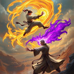 A thrilling scene depicting a martial artist (Pendekar) with a luminous golden aura, leaping through the air to attack another martial artist beneath, who is grounded, exuding a striking purple aura and sporting short hair