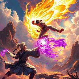 A thrilling scene depicting a martial artist (Pendekar) with a luminous golden aura, leaping through the air to attack another martial artist beneath, who is grounded, exuding a striking purple aura and sporting short hair