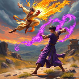 A thrilling scene depicting a martial artist (Pendekar) with a luminous golden aura, leaping through the air to attack another martial artist beneath, who is grounded, exuding a striking purple aura and sporting short hair