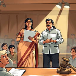 A powerful scene inspired by the story of Kanuni Kumar by Premchandra, featuring a husband and wife united in a courtroom battle for justice