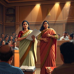 A powerful scene inspired by the story of Kanuni Kumar by Premchandra, featuring a husband and wife united in a courtroom battle for justice