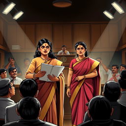 A powerful scene inspired by the story of Kanuni Kumar by Premchandra, featuring a husband and wife united in a courtroom battle for justice